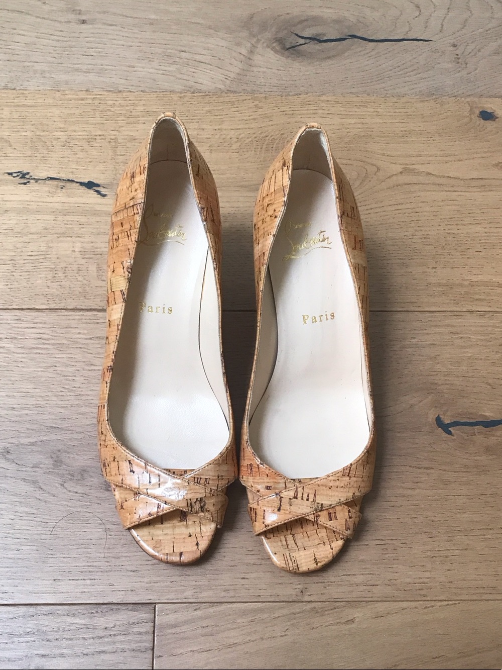 Christian Louboutin Cork Peep-Toe Wedges in Natural Cork